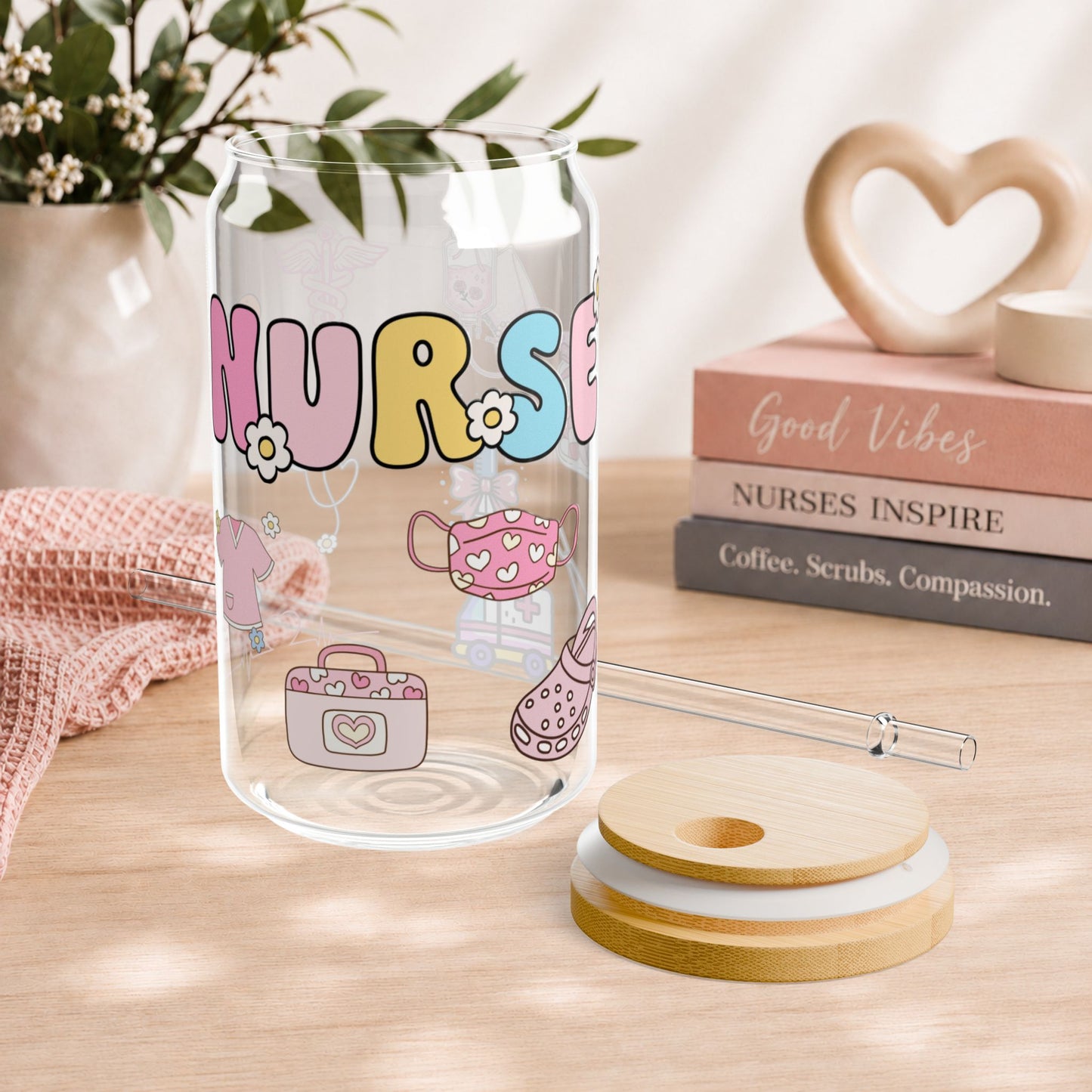 Pastel Nurse Glass Can Cup – 16oz Cute Nurse Tumbler with Bamboo Lid & Glass Straw
