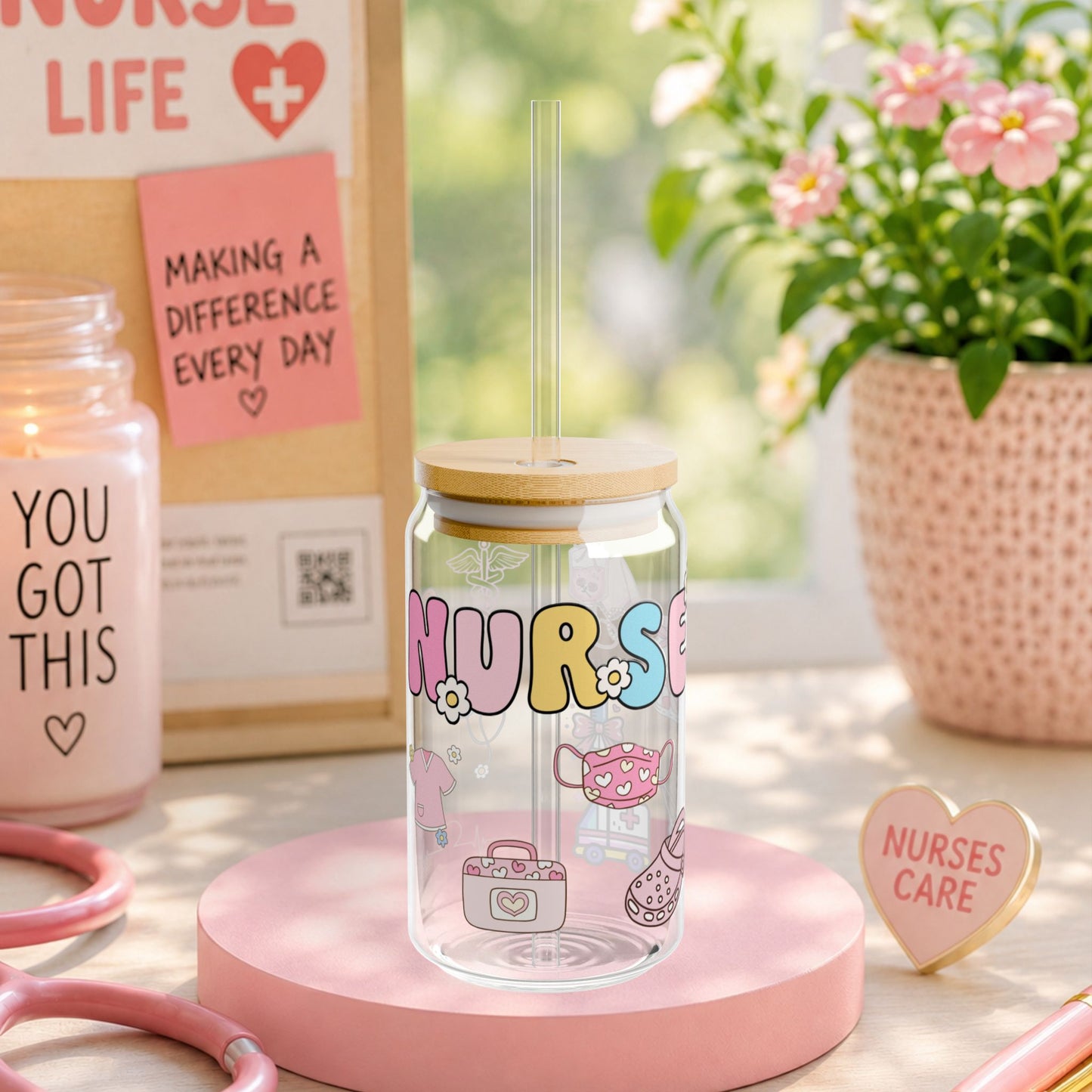 Pastel Nurse Glass Can Cup – 16oz Cute Nurse Tumbler with Bamboo Lid & Glass Straw