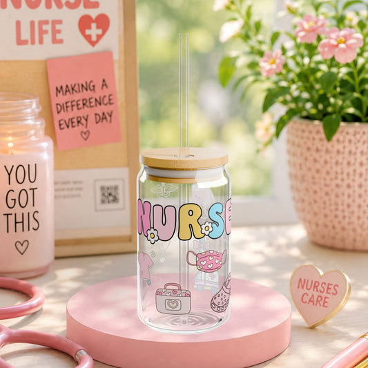 Pastel Nurse Glass Can Cup – 16oz Cute Nurse Tumbler with Bamboo Lid & Glass Straw