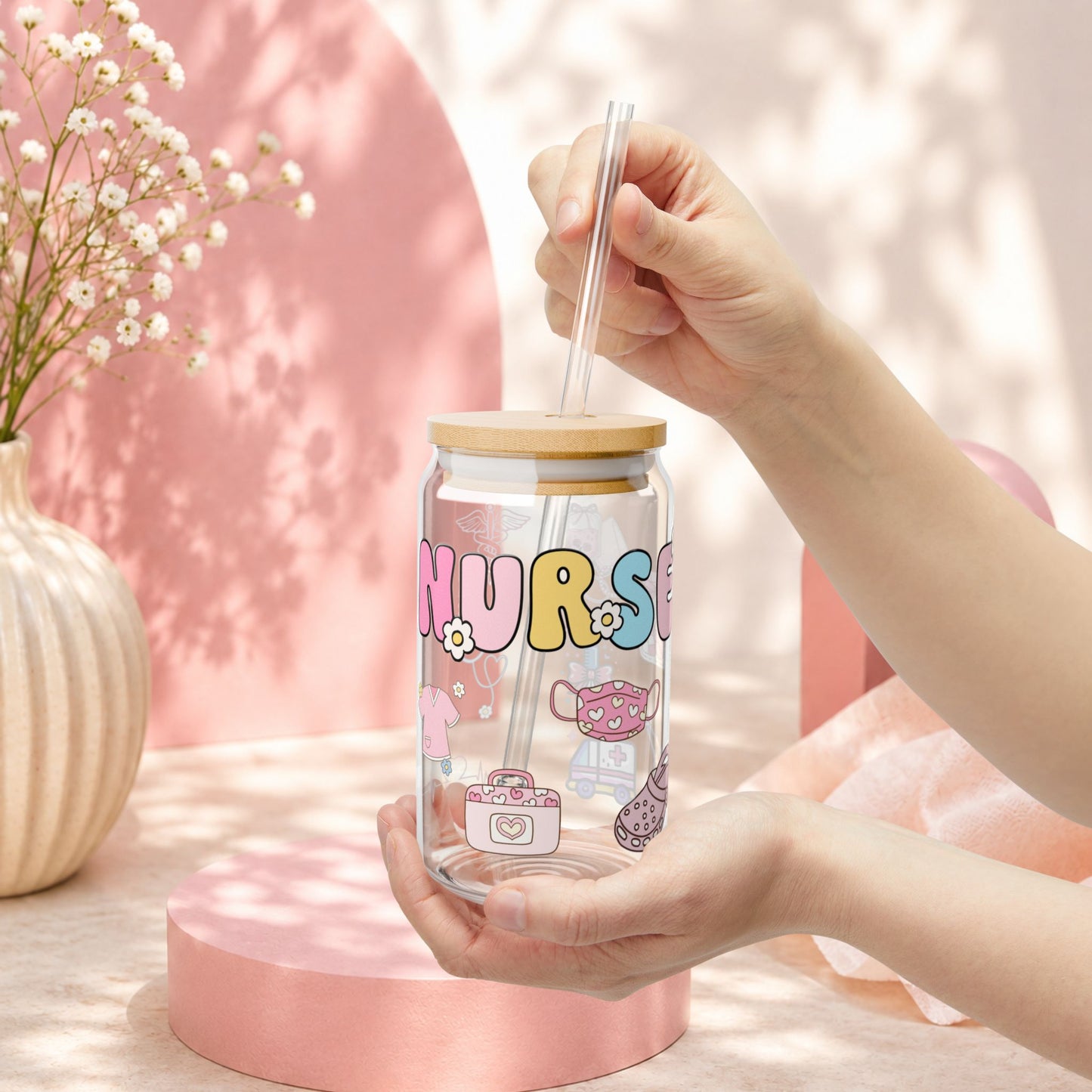 Pastel Nurse Glass Can Cup – 16oz Cute Nurse Tumbler with Bamboo Lid & Glass Straw
