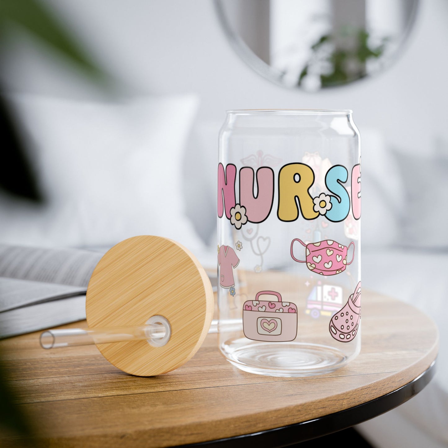 Pastel Nurse Glass Can Cup – 16oz Cute Nurse Tumbler with Bamboo Lid & Glass Straw
